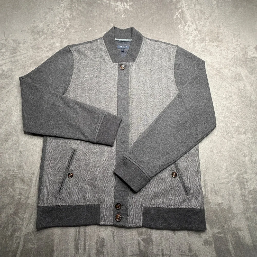 Ted Baker Bomber Jacket Mens 5 XL Gray Herringbone Wool Blend Zip Front Hybrid